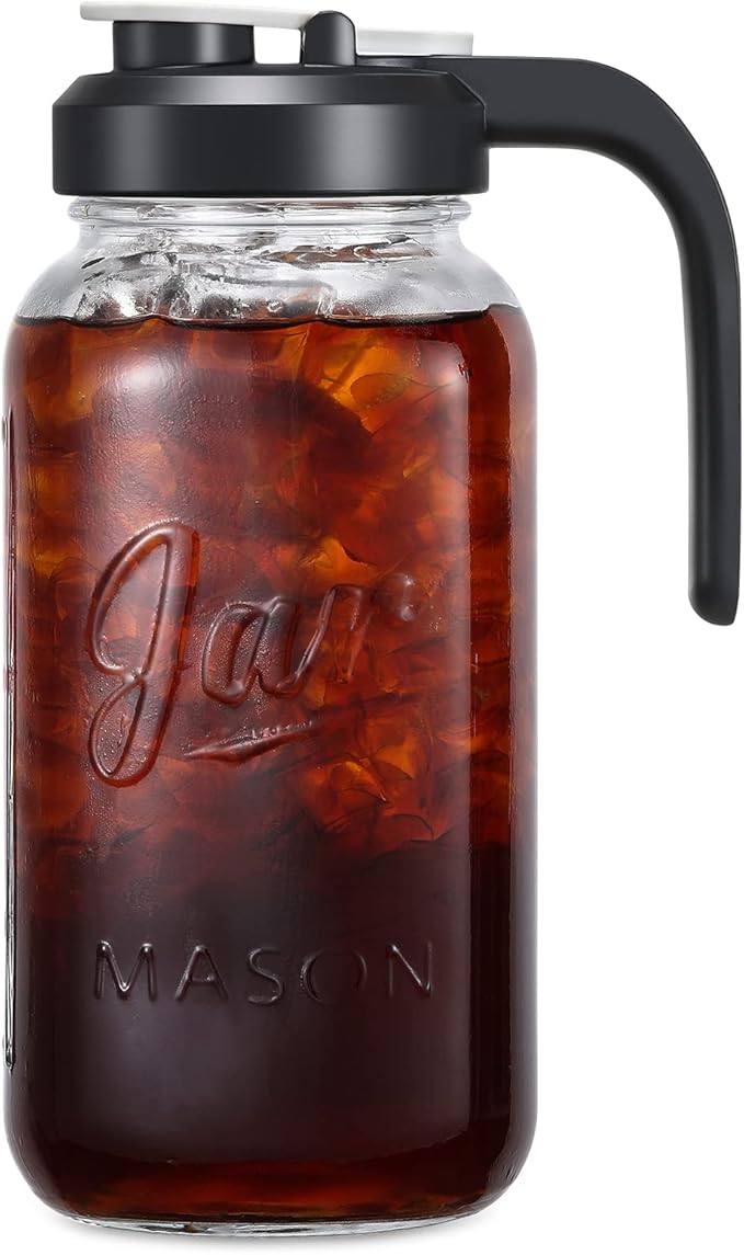 2 Quart Glass Pitcher with Lid - Airtight & Leakproof Mason Jar Pitcher with Filter Lid, Wide Mouth Glass Jar, Heavy Duty Glass Container for Water, Juice, Milk, Tea, Iced Coffee, and Drinks by AOZITA