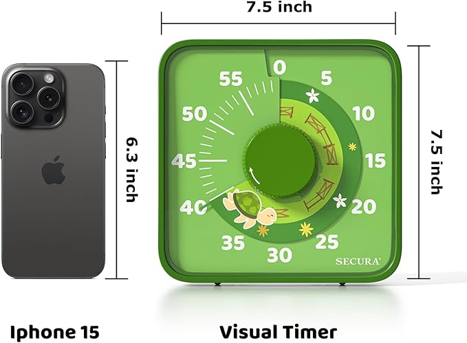 Secura 7.5-Inch Animal Pattern Visual Timer for Kids, 60-Minute Countdown Timer for Classroom or Kitchen, Durable Mechanical Timer Clock with Magnetic Backing (Green) - Image 7