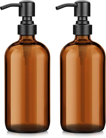 AmazerBath Amber Glass Soap Dispenser, 2 Pack Soap Dispenser Set with Stainless Steel Pump, Vintage Liquid Brown Soap Dispensers Bottle, 17 Oz Dish Soap and Hand Soap Dispensers for Bathroom Kitchen by AmazerBath