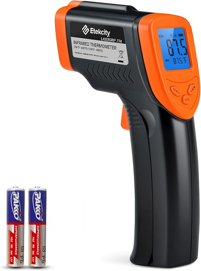 Etekcity Infrared Thermometer Laser Temperature Gun 774, Meat Food Candy Oven Thermometer for Griddle Accessories, Heat Gun for Cooking Refrigerator Tools, Adjustable Emissivity & Max Measure, Orange by Etekcity