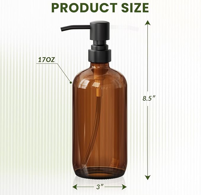AmazerBath Amber Glass Soap Dispenser, 2 Pack Soap Dispenser Set with Stainless Steel Pump, Vintage Liquid Brown Soap Dispensers Bottle, 17 Oz Dish Soap and Hand Soap Dispensers for Bathroom Kitchen - Image 3