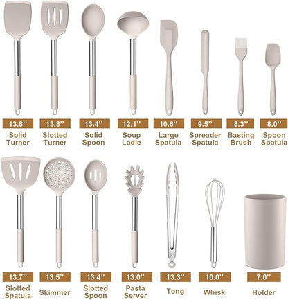 LIANYU 15 Pcs Kitchen Cooking Utensils Set with Holder, Silicone Kitchen Tools with Stainless Steel Handle, Heat Resistant Gadgets, Brush Spatula Spoon Whisk for Cookware, Dishwasher Safe, Khaki - Image 2