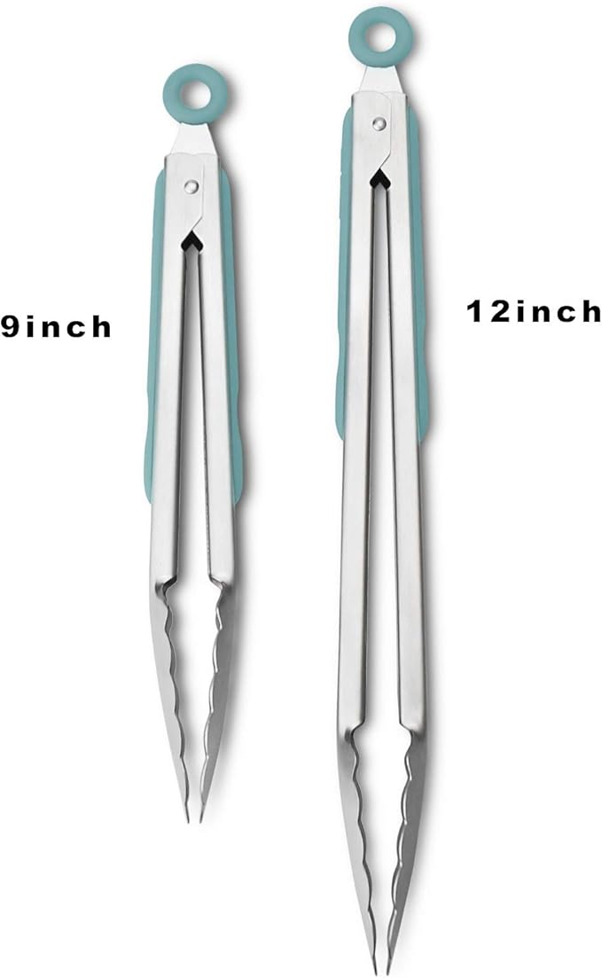 Premium 304 Stainless Steel Tongs Set – 12" Grill Tongs & 9" Cooking Tongs, Heat Resistant up to 600°F, Wavy Grip Head, Non‑Slip Handle with Locking Clip & Hanging Loop, Dishwasher Safe, Aqua Sky - Image 3