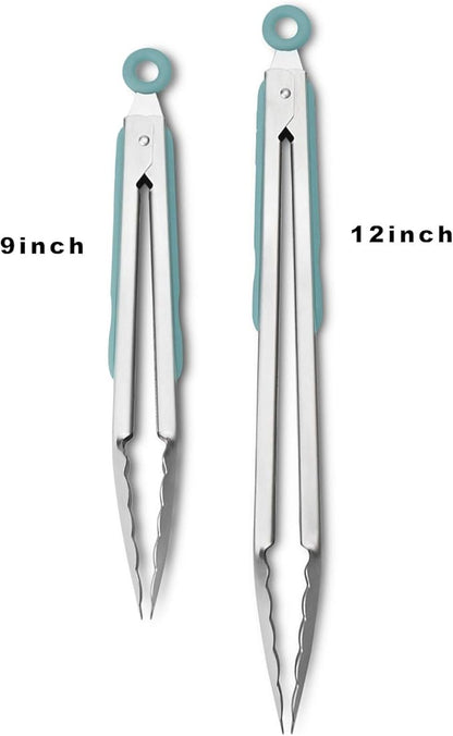 Premium 304 Stainless Steel Tongs Set – 12" Grill Tongs & 9" Cooking Tongs, Heat Resistant up to 600°F, Wavy Grip Head, Non‑Slip Handle with Locking Clip & Hanging Loop, Dishwasher Safe, Aqua Sky - Image 3