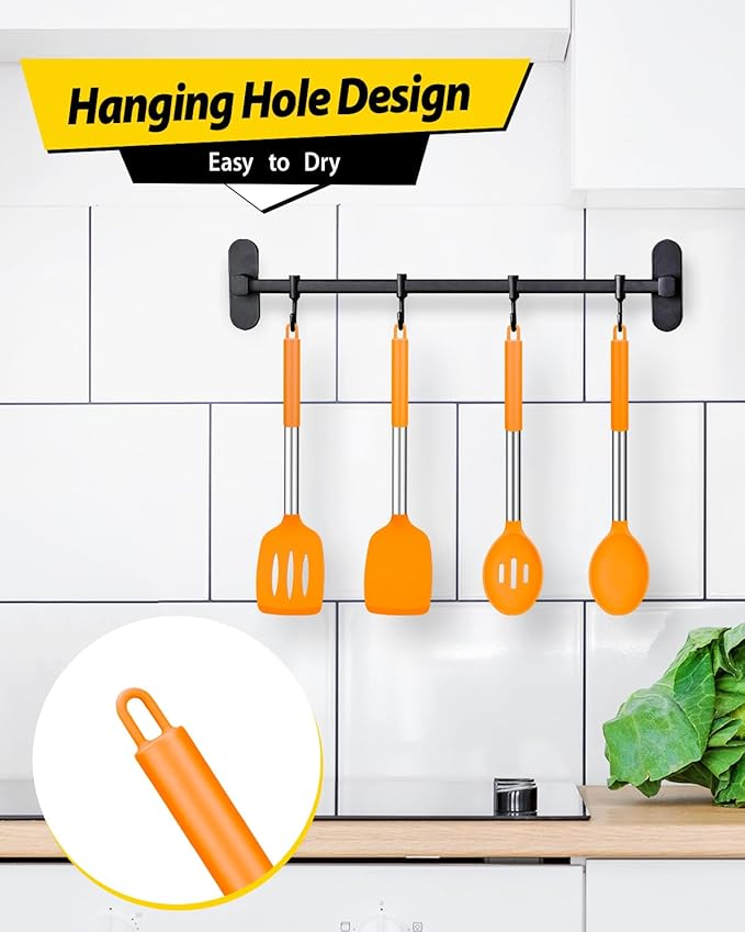 Pack of 4 Silicone Cooking Utensils Set, Non Stick Large Solid Spatulas, Heat Resistant Slotted Spoons, Ideal BPA Free Kitchen Turners for Frying, Mixing,Serving,Draining,Turning,Stirring (ORANGE) - Image 6