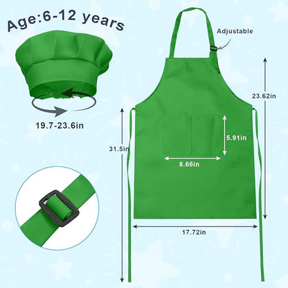 Kids Apron and Chef Hat Set, 16 Pieces Boys Girls Kids Apron with 2 Pockets Adjustable for Cooking Classroom Baking Painting, 6-13 Years, Multicolor