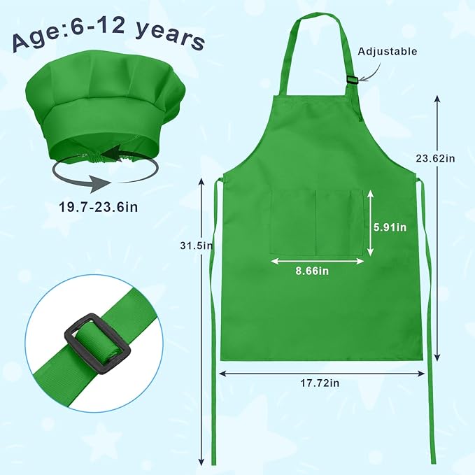 Kids Apron and Chef Hat Set, 30 Pieces Boys Girls Kids Apron with 2 Pockets Adjustable for Cooking Classroom Baking Painting, 6-13 Years, Multicolor