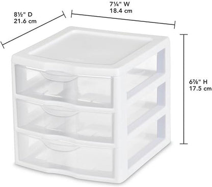 Sterilite Clearview Plastic Multipurpose Small 3 Drawer Desktop Storage Organization Unit for Home, Classrooms, or Office Spaces, White, 6 Pack