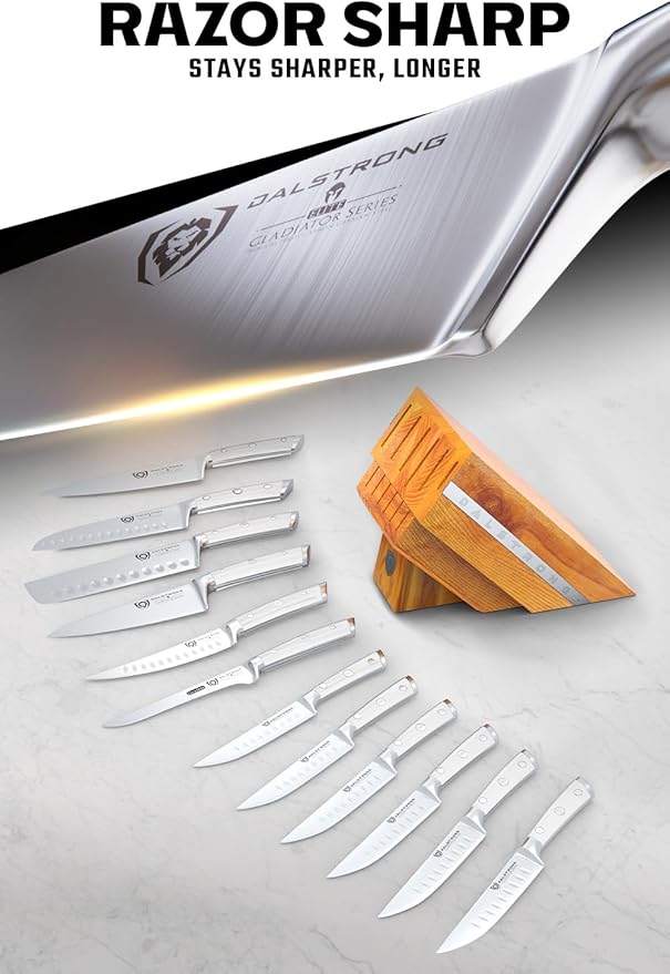 Dalstrong 12-Piece Knife Block Set - Gladiator Series Elite - White Handles - German HC Steel - Hand-Made Manchurian Ash Wood Block - NSF Certified - Image 4