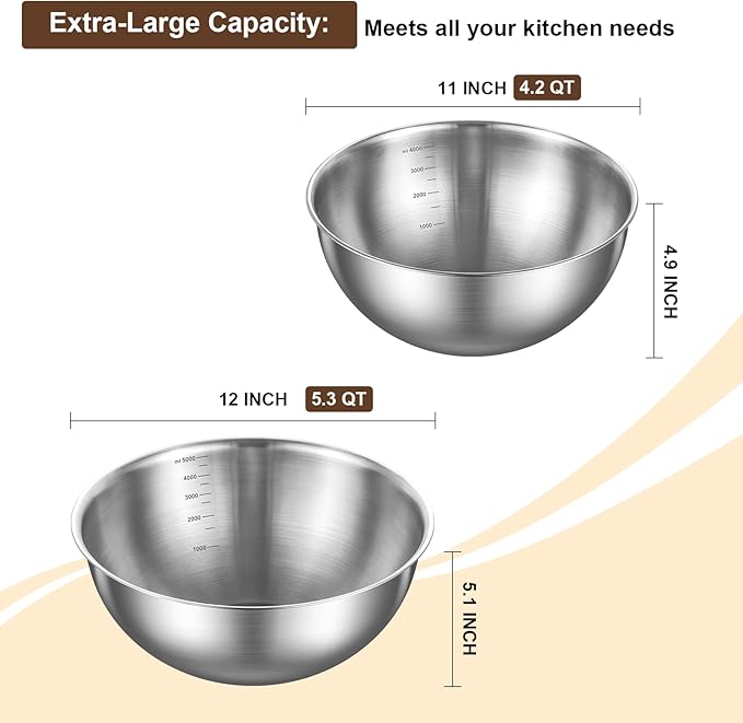 Gronivex Stainless Steel Mixing Bowls Set of 2 (4.2 & 5.3 Qt), Food Grade 304, Dishwasher Safe, Stackable Nesting Bowls for Baking, Salad Prep & Cooking - Image 3