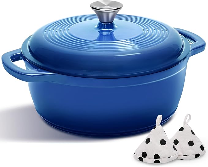 Cast Iron Dutch Oven Pot With Lid - AIVIKI 5QT Enameled Dutch Oven for Bread Baking With Cotton Potholders - Heavy- Duty Cookware Across All Cooktops, Wedding Registry Ideas & Gifts, Blue by AIVIKI