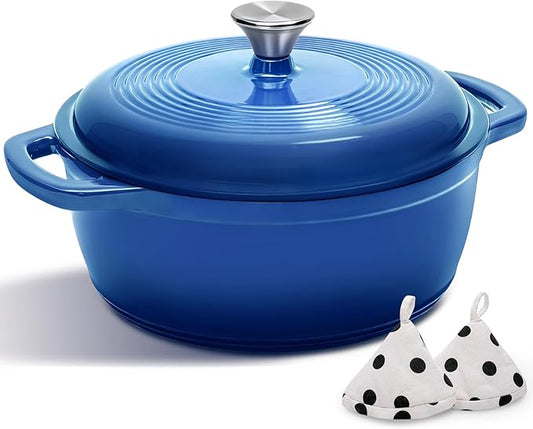 Cast Iron Dutch Oven Pot With Lid - AIVIKI 5QT Enameled Dutch Oven for Bread Baking With Cotton Potholders - Heavy- Duty Cookware Across All Cooktops, Wedding Registry Ideas & Gifts, Blue by AIVIKI