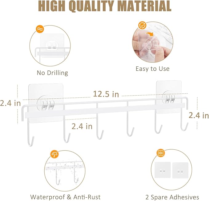 Kitchen Utensil Hanger, Adhesive Utensil Holder Wall Mount Kitchen Rack Rail with 12 Hooks, Space Saving and No Drilling, White, 2 Pcs - Image 3