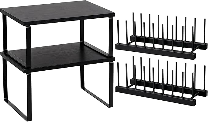 Marsui 4 Pcs Kitchen Organizer Accessories Set Cabinet Organizer Shelf and Bamboo Dish Drying Plate Rack Counter Shelves Storage Holder for Spice Rack, Dish, Pot Lid, Bowl, Cup (Black) by Marsui