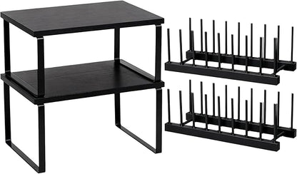 Marsui 4 Pcs Kitchen Organizer Accessories Set Cabinet Organizer Shelf and Bamboo Dish Drying Plate Rack Counter Shelves Storage Holder for Spice Rack, Dish, Pot Lid, Bowl, Cup (Black) by Marsui