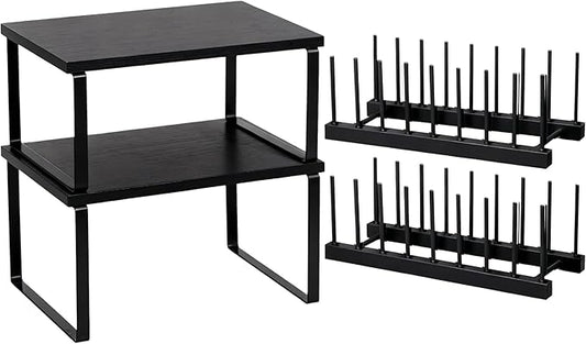 Marsui 4 Pcs Kitchen Organizer Accessories Set Cabinet Organizer Shelf and Bamboo Dish Drying Plate Rack Counter Shelves Storage Holder for Spice Rack, Dish, Pot Lid, Bowl, Cup (Black) by Marsui