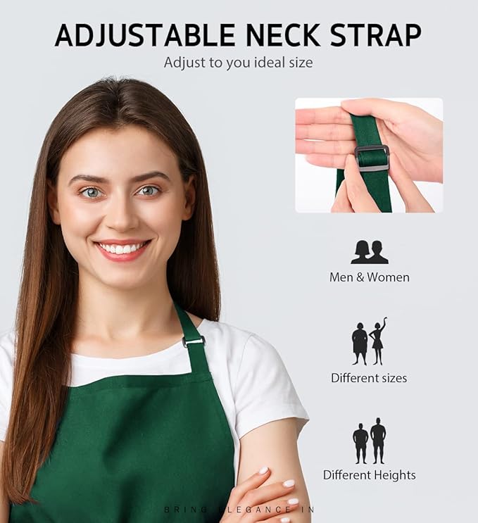 Syntus 12 Pack Bib Apron, Unisex Aprons Adjustable Waterdrop Resistant with 2 Pockets Cooking Kitchen Apron for Chef, BBQ Drawing Apron Bulk, Dark Green - Image 4