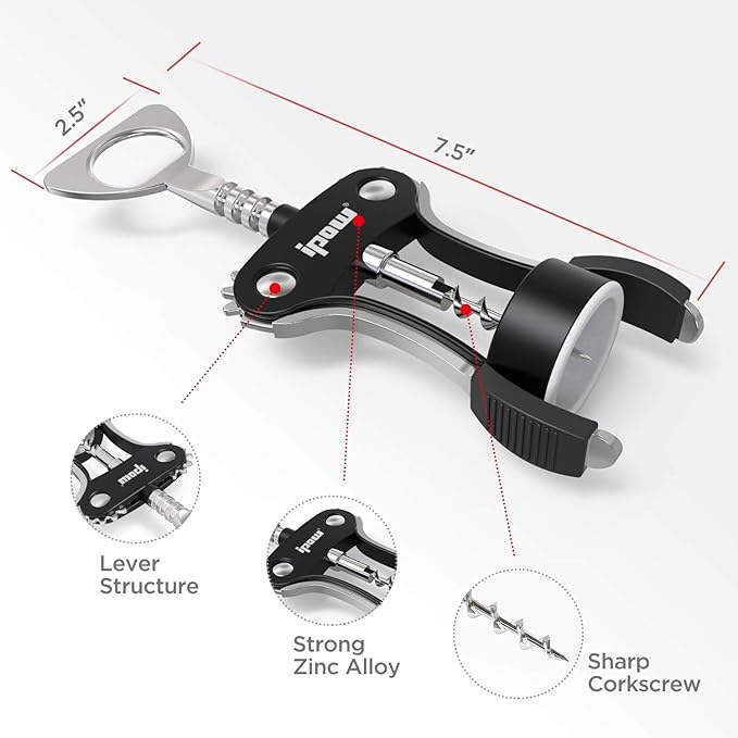 IPOW Wine Opener, Zinc Alloy Wine Bottle Opener, Wing Corkscrew Heavy Duty, Manual Multifunctional Cork Screw for Waiter, Black - Image 6
