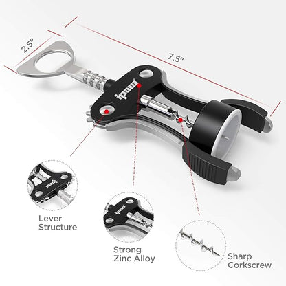 IPOW Wine Opener, Zinc Alloy Wine Bottle Opener, Wing Corkscrew Heavy Duty, Manual Multifunctional Cork Screw for Waiter, Black - Image 6