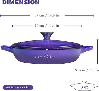 Flavehc Braiser Enameled Cast Iron Braiser 3 qt Braiser Pan with Lid Purple Shallow Cast Iron Casserole Braiser Pan with Handels