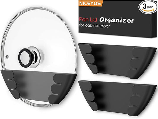 Universal Pot Lid Organizer for Cabinet - Upgraded Patented Niceyos 3 Pack Inside Cabinet Door Wall Mount Pan Top Storage Organizer Rack Holder for Kitchen, Fits 6" to 13" (Black) by NICEYOS
