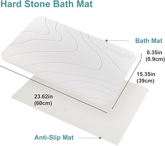 JUERLEN 2 Pack Diatomaceous Earth Shower Mat, Stone Bath Mat, Nonslip Super Absorbent Fast-Drying Hard Bath Mat for Bathroom Shower Floor, 24 x 16 inch, White Wave Design