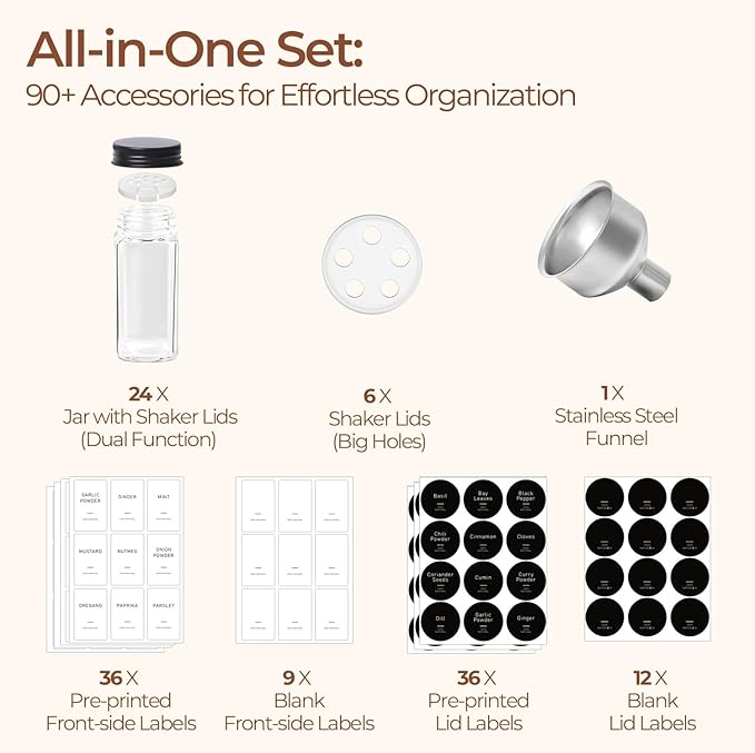 ComSaf Glass Spice Jars with Label, 24Pcs 4oz, 93 Labels, a Metal Funnel, Extra Shaker Lids, Empty Spice Containers and Square Spice Bottles for Kitchen and Seasoning - Image 4