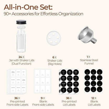 ComSaf Glass Spice Jars with Label, 24Pcs 4oz, 93 Labels, a Metal Funnel, Extra Shaker Lids, Empty Spice Containers and Square Spice Bottles for Kitchen and Seasoning - Image 4