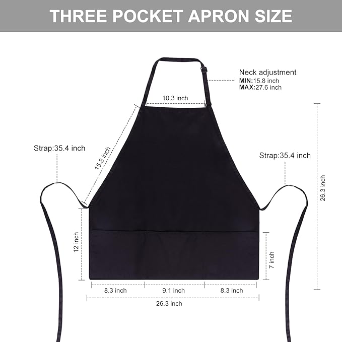 Jubatus 2 Pack 3 Pockets Adjustable Bib Apron 65% Polyester 35% Cotton Fabric Chef Kitchen Cooking Aprons for Women Men, Black - Image 6
