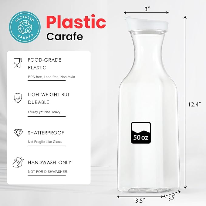 Plastic 8 PACK Large 50 Oz Water Carafe with Flip Top Lid, Square Base Juice Containers, Clear Plastic Pitcher - for Water, Iced Tea, Juice, Beverage, Milk, Cold Brew and Mimosa Bar - HAND WASH ONLY - Image 2