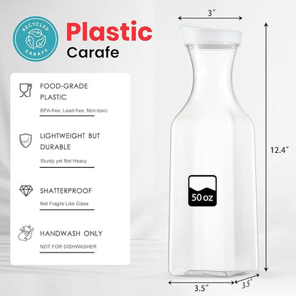 Plastic 8 PACK Large 50 Oz Water Carafe with Flip Top Lid, Square Base Juice Containers, Clear Plastic Pitcher - for Water, Iced Tea, Juice, Beverage, Milk, Cold Brew and Mimosa Bar - HAND WASH ONLY - Image 2