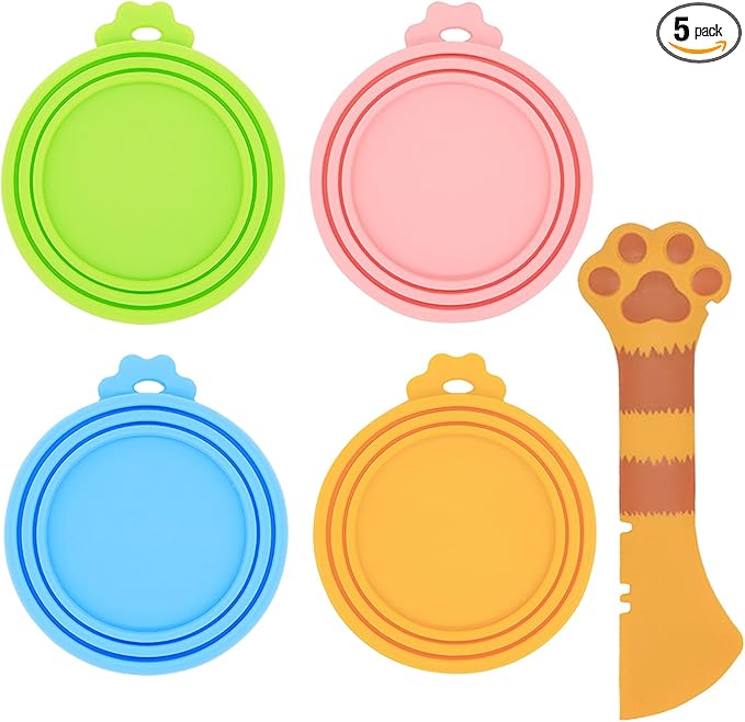 Food Can Spoon & Lids, One Multi-Functional Opener Spatula, 4 PCS BPA Free Silicone Universal Can Covers, Cute Paw Shape Spoon for Cat Dog Wet Food (Orange)