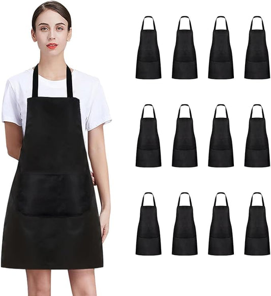 8/12/24 Pack Plain Bib Aprons Bulk, Black Commercial Apron with 2 Pockets, Unisex Apron for Adults Painting BBQ