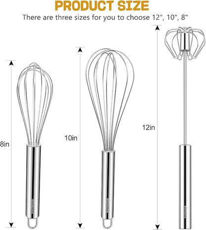 NileHome Stainless Steel Whisk Set 8" 10" Hand Blender + 12" Semi-Automatic Rotary Kitchen Whisk Kitchen Wisk Wire Whisks for Cooking, Whisking, Blending, Beating, Stirring- 3 Pack... - Image 2