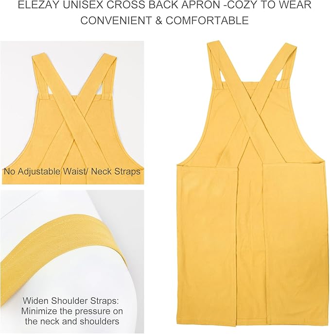 ELEZAY Aprons for Women with Pockets Plus Size Comfort Cross Back No Tie Cotton Linen Apron Pinafore