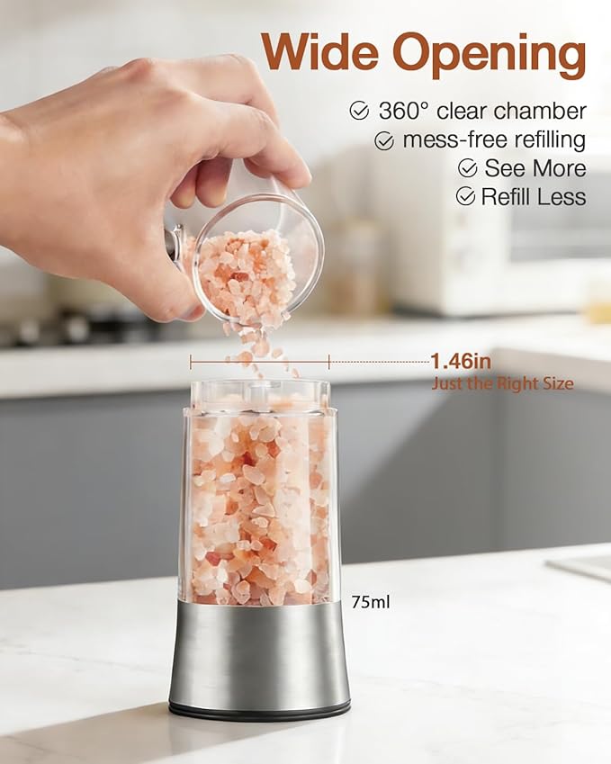 Gravity Electric Salt and Pepper Grinder Set, Automatic Mills with Rechargeable Charging Base, Built-in LED Light & Stainless Steel Body