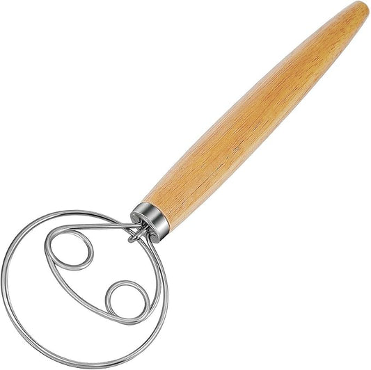 Danish Dough Whisk Dutch Bread Mixer Stainless Steel Hook Wooden Handle Baking Tools for Sourdough Pizza Pastry Cake Batter Making
