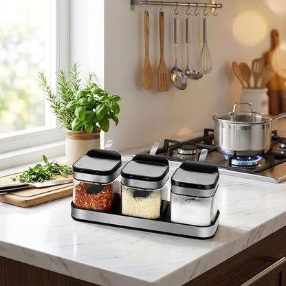Condiment Jar Spice Container with 304 Stainless Steel Lids and Spoons,Clear Glass Condiment Canisters Pots Seasoning Box Salt Container Sugar Bowl Set of 3 for Kitchen, Counter, Food Storage