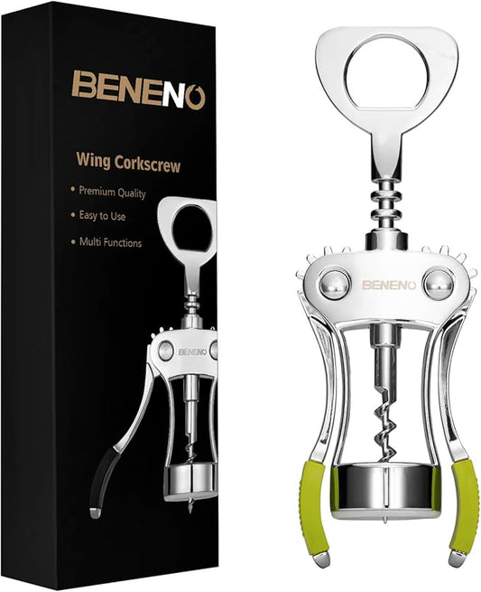 Beneno Wine Opener, Zinc Alloy Premium Wing Corkscrew with Multifunctional Bottles Opener, Sharp Wine Corkscrew with Ergonomic Non-Slip Wing Handle, Green by Beneno