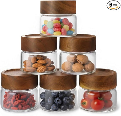 6-Pack 4 fl oz Stackable Airtight Glass Jars (with Acacia Wood Lids + Sticker Labels) – Small Mason Jars designed for overnight oats, spices, dry goods, and kitchen organization.