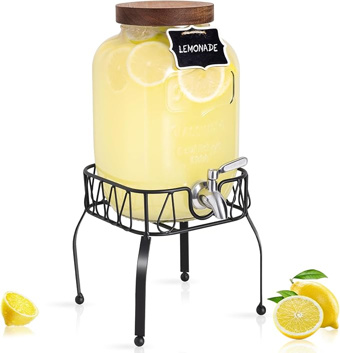 Mustry Glass Drink Dispenser for Parties, 1 Gallon Beverage Dispenser with Stand and Spigot Solid Stainless Steel, Used as Lemonade Dispenser Sun Tea Jar Kombucha Jar by Mustry