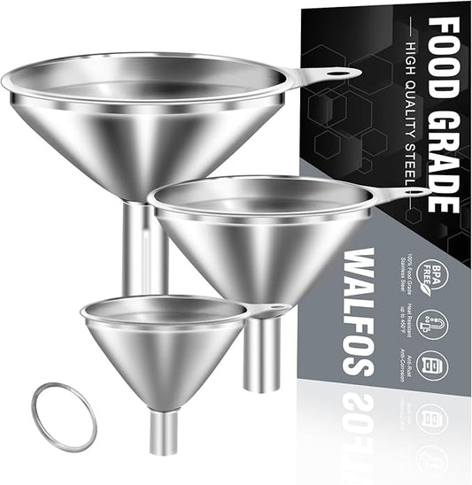 WALFOS Mini Stainless Steel Funnels, Multi-use Small Kitchen Funnel Set, for Transferring Liquid, Fluid, Essential Oils, Powder,Tiny Spices,Long-Lasting and Dishwasher Safe (3 in、2.2 in、1.7in) by Walfos