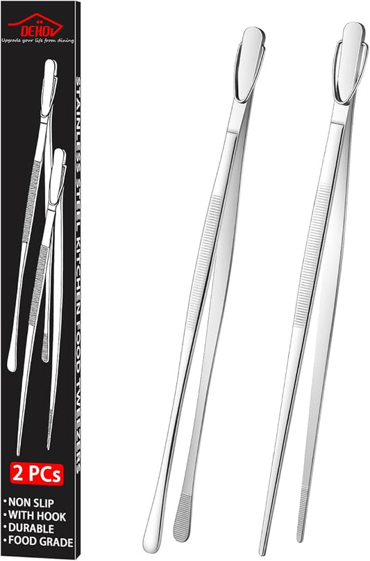 DEHOV 12 Inch Stainless Steel Kitchen Long Food Tweezers For Cooking,Metal Pasta Tongs,Skinny Chef Spaghetti Tongs