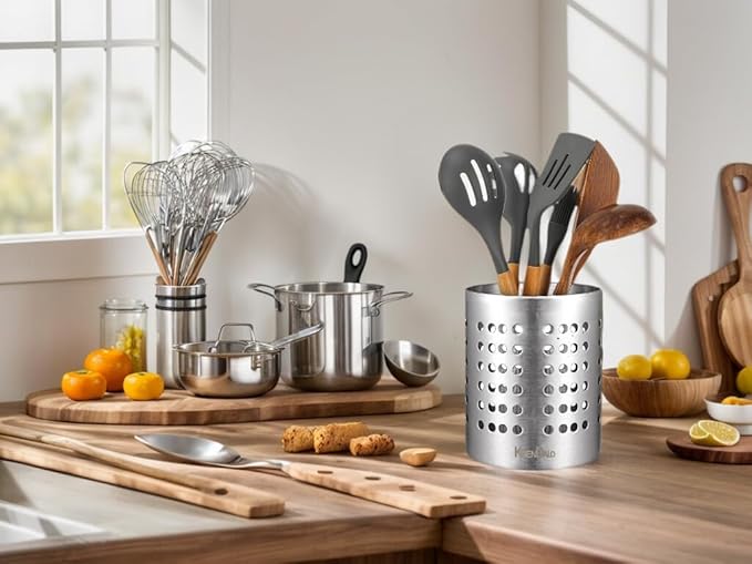 KSENDALO Metal Utensil Holder Set, Small SUS304 Steel Utensil Holder Flatware Silverware Spatulas Utensils Drying Rack for Kitchen Countertop, Kitchen Home Office Organizers ,Silver (3 Pack) - Image 4
