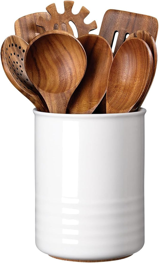 ABRUTY Utensil Holder, 6.7" Ceramic Kitchen Utensil Crock for Countertop Cooking, Modern Utensil Caddy Jar Organizer for Farmhouse Kitchen Counter Decor (White) by ABRUTY