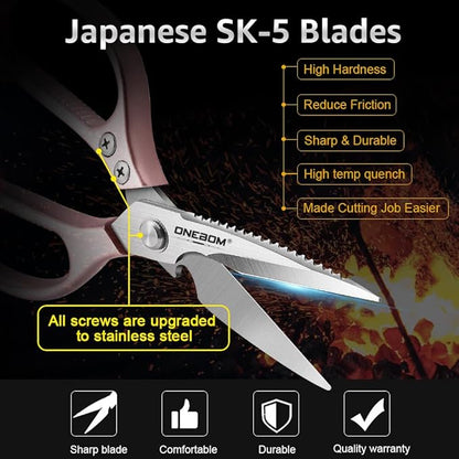 2 Pack ONEBOM Kitchen Shears,Kitchen Scissors Heavy Duty Serrated Blade for Cutting Meat, Food, Fish, Poultry Sharp Scissors, Apartment Kitchen Accessories,Gift Herb Scissor(Rose Glod)