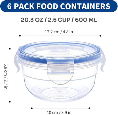 KIGI Round Food Storage Container, Leakproof Plastic Bowls with Lid Set for Soup, Snack, Fruit, Meal Prep & Lunch, 4 Sided Locking Airtight Lid, BPA Free, 20 oz / 2.5 Cup, 12 Piece Set