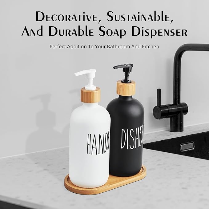 Arktek Glass Soap Dispenser Set with Tray, 2 Pack Hand and Dish Soap Dispenser Set for Bathroom and Kitchen Bottle Dispenser with Dish Soap, Hand Soap, Lotion 17 Oz (Black & White) - Image 5