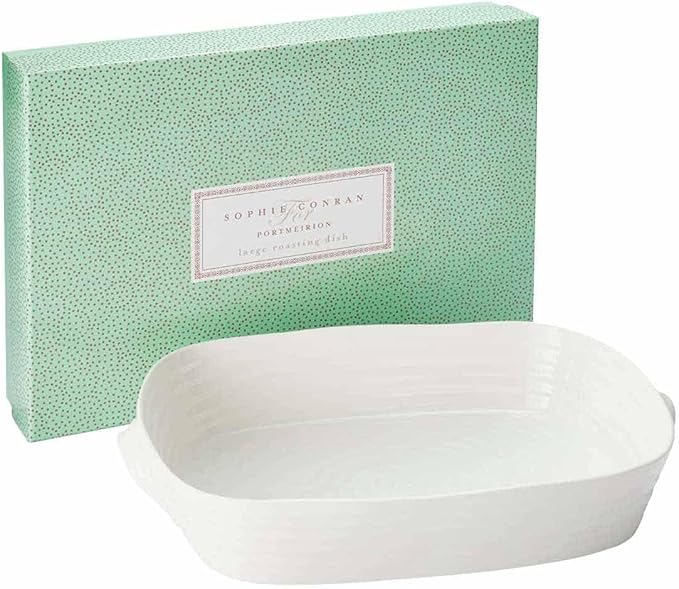 Portmeirion Sophie Conran Handled Roasting Dish, White Porcelain Bakeware - 15 x 11 Inch Rectangular 3 Quart Oven, Microwave, Freezer Safe Pan - Durable Cookware for Baking & Serving