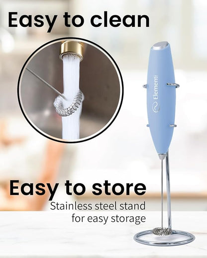 Elementi Electric Milk Frother Handheld - Create Creamy Coffee, Delicious Matcha and Perfect Drinks - Compact Whisk & Mixer with Stand (Pastel Blue)